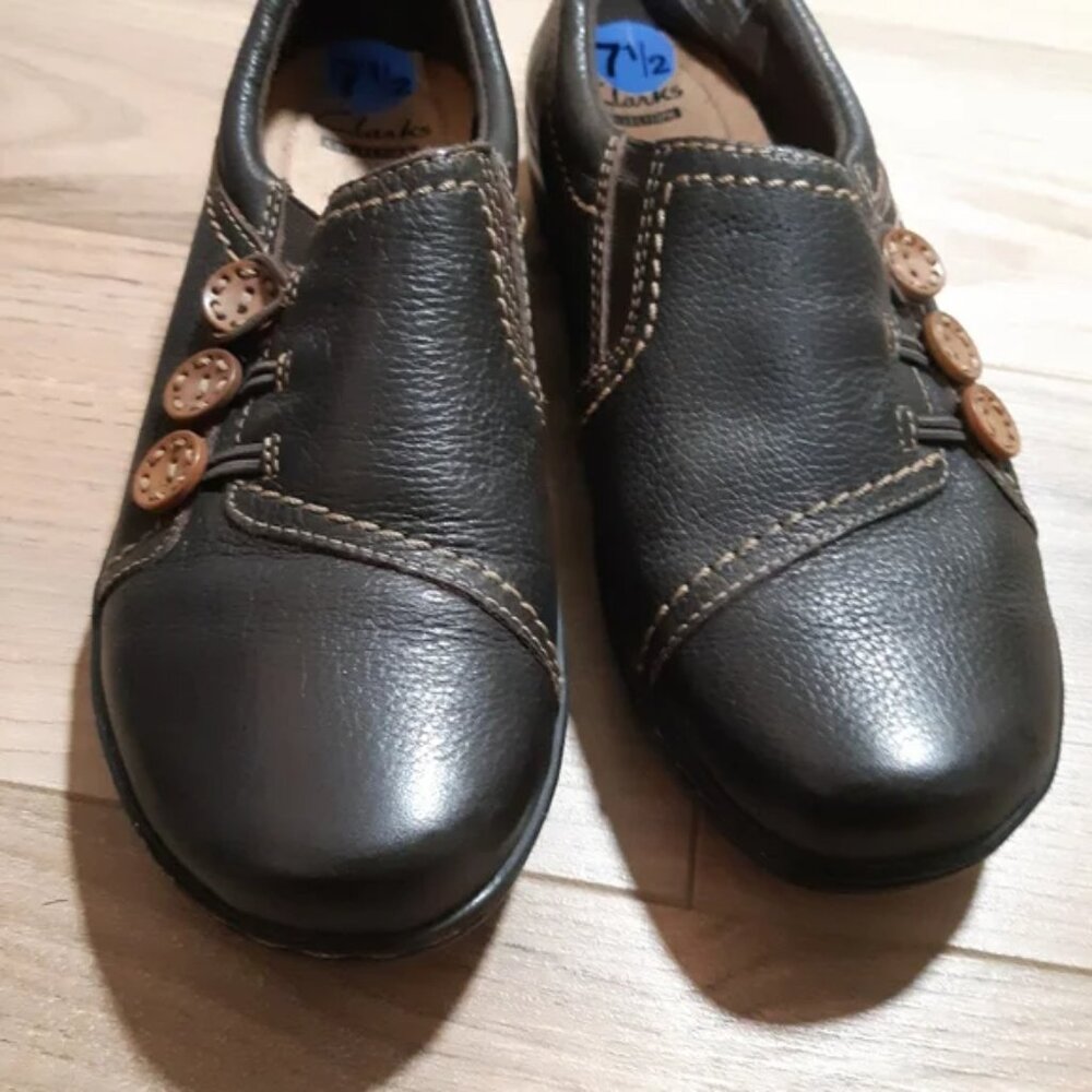 Dark Brown Clarks Women's Slip-on Shoes with Decorative Buttons